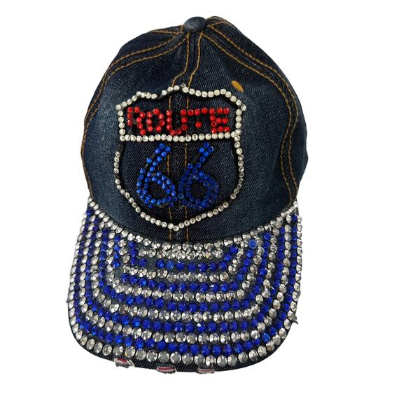 Route 66 Accessories - Route 66 Denim with Rhinestones Baseball Cap Retro Y2K USA American Flag